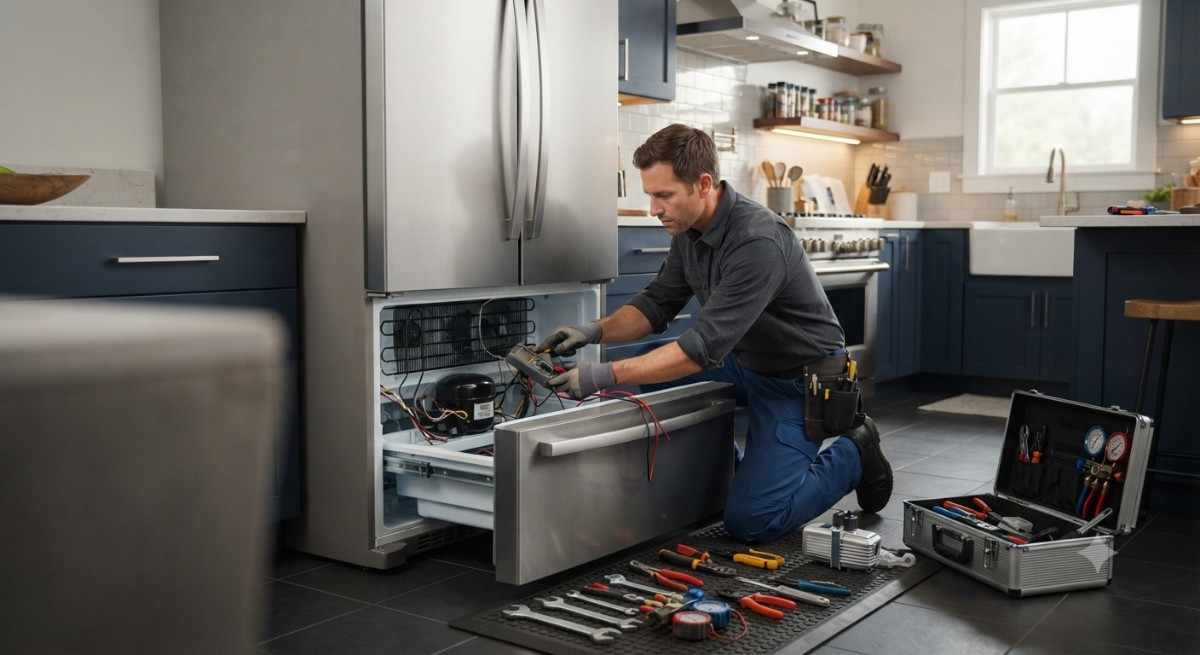 Whirlpool refrigerator repair service technician checking cooling and compressor