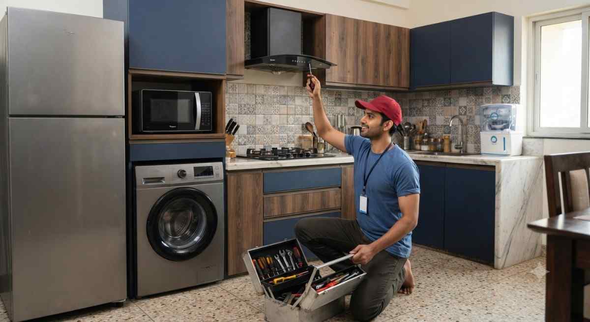 Whirlpool service center near me technician arriving for a doorstep appliance repair