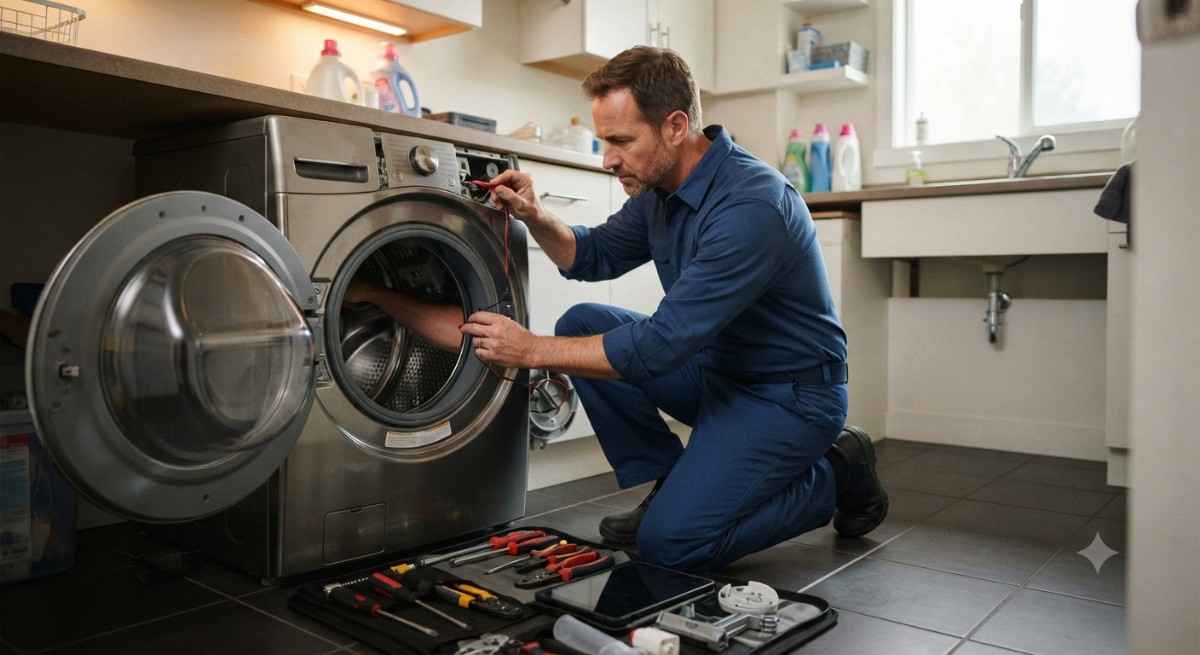 Whirlpool washing machine repair technician fixing drum and motor