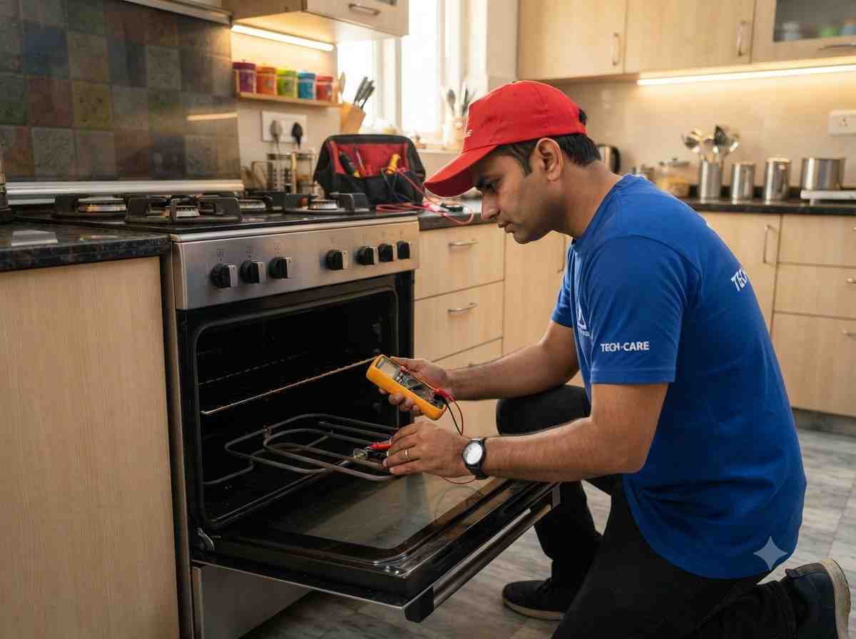 Cooking range oven repair technician working in a Navi Mumbai kitchen