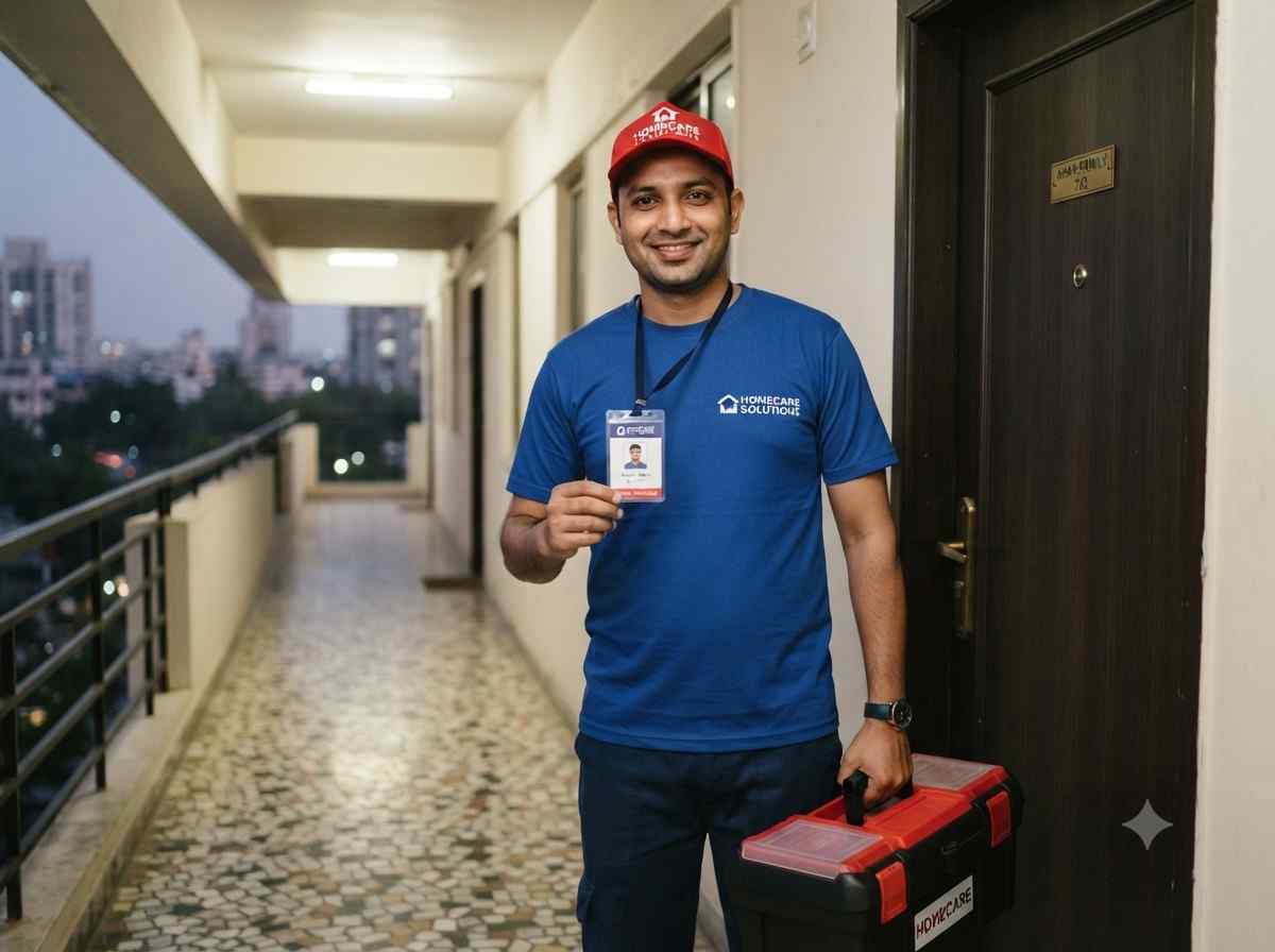 Doorstep appliance repair technician inspecting a gas stove in a residential kitchen in Mumbai