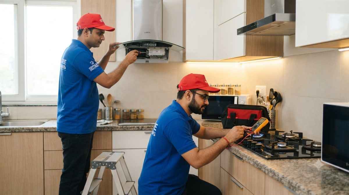 Independent appliance repair technicians servicing a kitchen chimney and hob in a Mumbai home