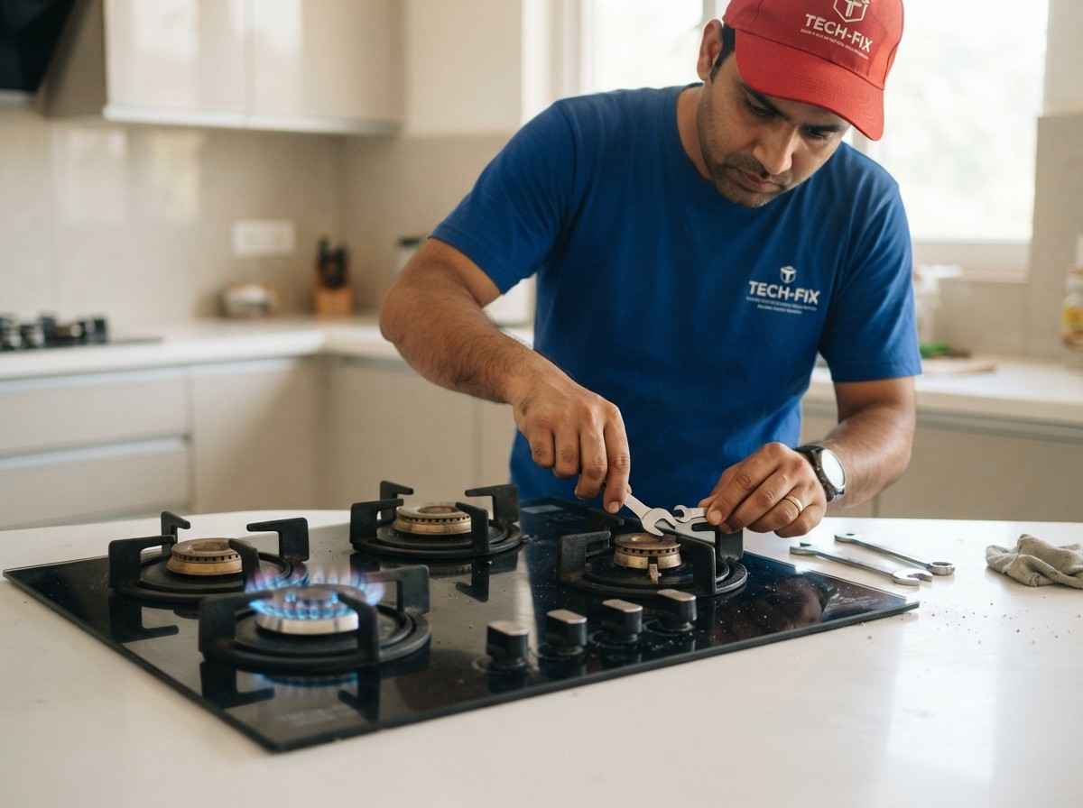 Technician repairing a built-in kitchen hob burner in a Thane home
