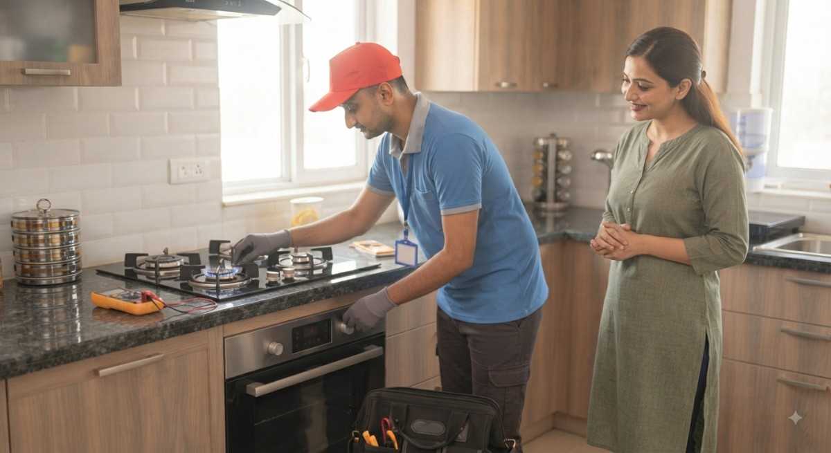 Blowhot service technician completing an appliance repair for a customer at home