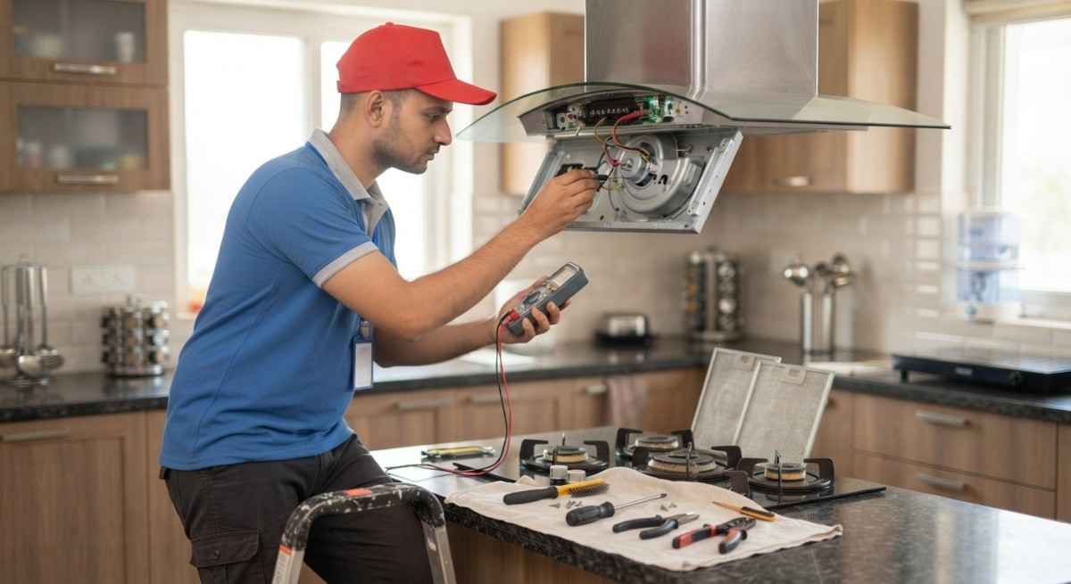 Blowhot chimney repair technician cleaning and fixing a kitchen chimney