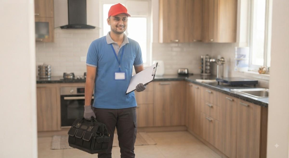 Blowhot doorstep service technician explaining repair to customer at home