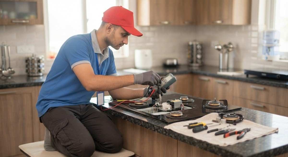 Blowhot hob repair technician servicing a built-in glass hob