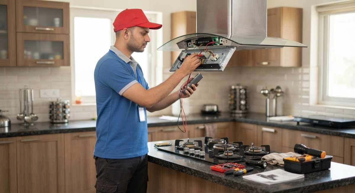 Blowhot service centre technician repairing a Blowhot kitchen chimney at a customer's home