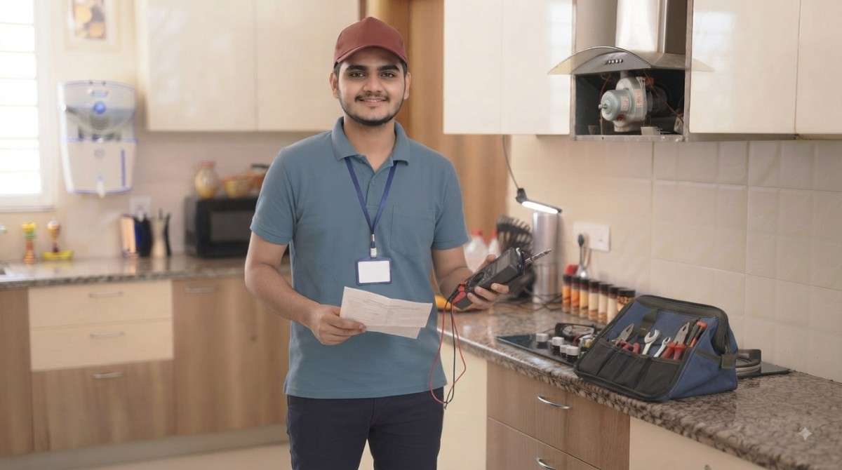 Sleek service technician completing an appliance repair for a customer