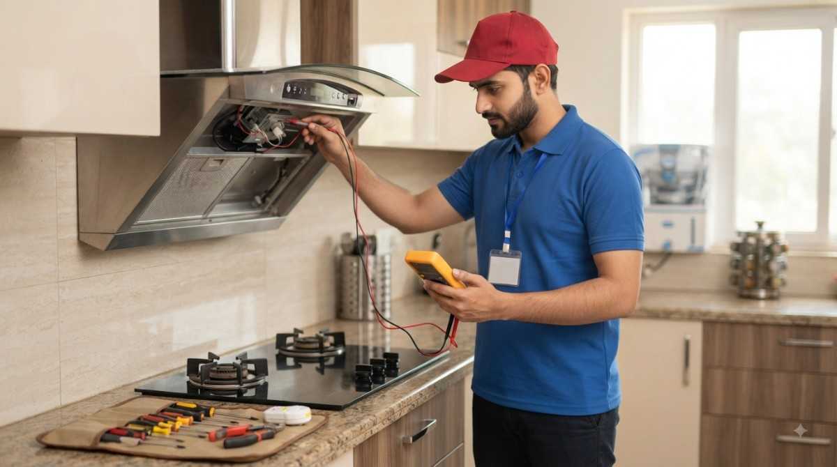 Bosch Service Centre technician repairing a chimney and hob at a customer's home