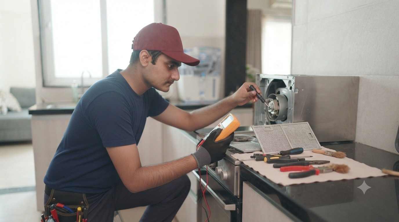 Chimney repair service Haryana technician cleaning and fixing a kitchen chimney