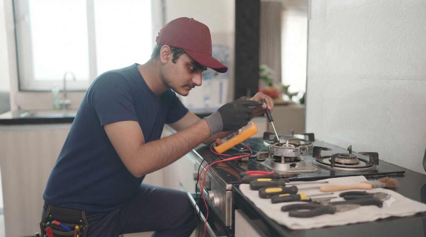 Cooking range repair Haryana technician fixing a built-in cooking range