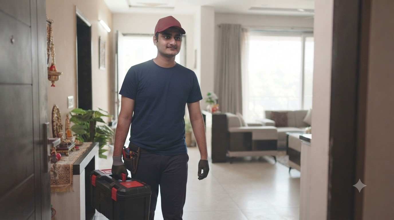 Doorstep appliance repair Haryana technician explaining repair to customer at home