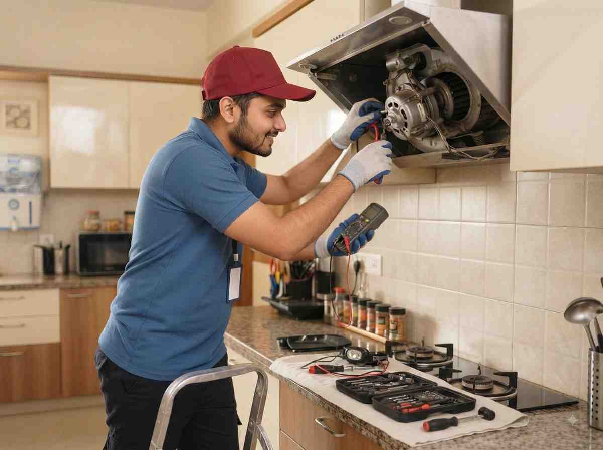 Elica chimney repair technician cleaning and fixing a kitchen chimney