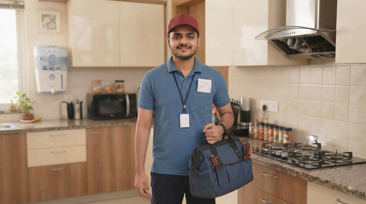 Elica doorstep service technician explaining repair to customer at home