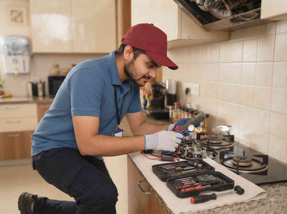 Elica hob repair technician servicing a built-in glass hob