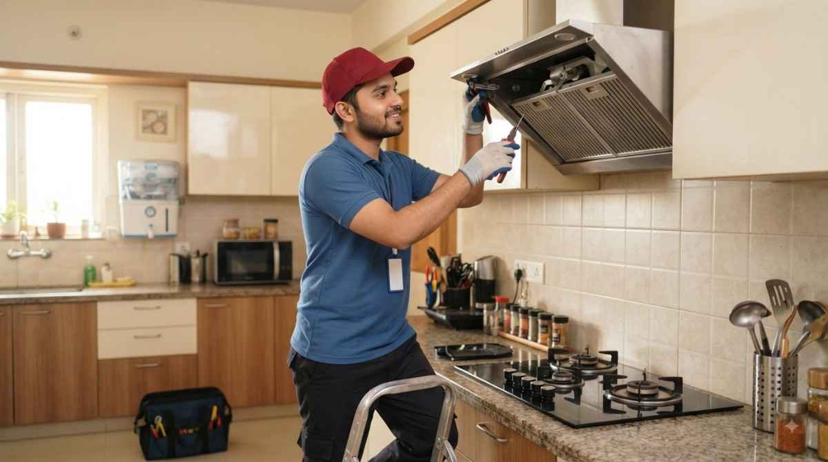 Elica service centre technician repairing a Elica kitchen appliance at a customer's home