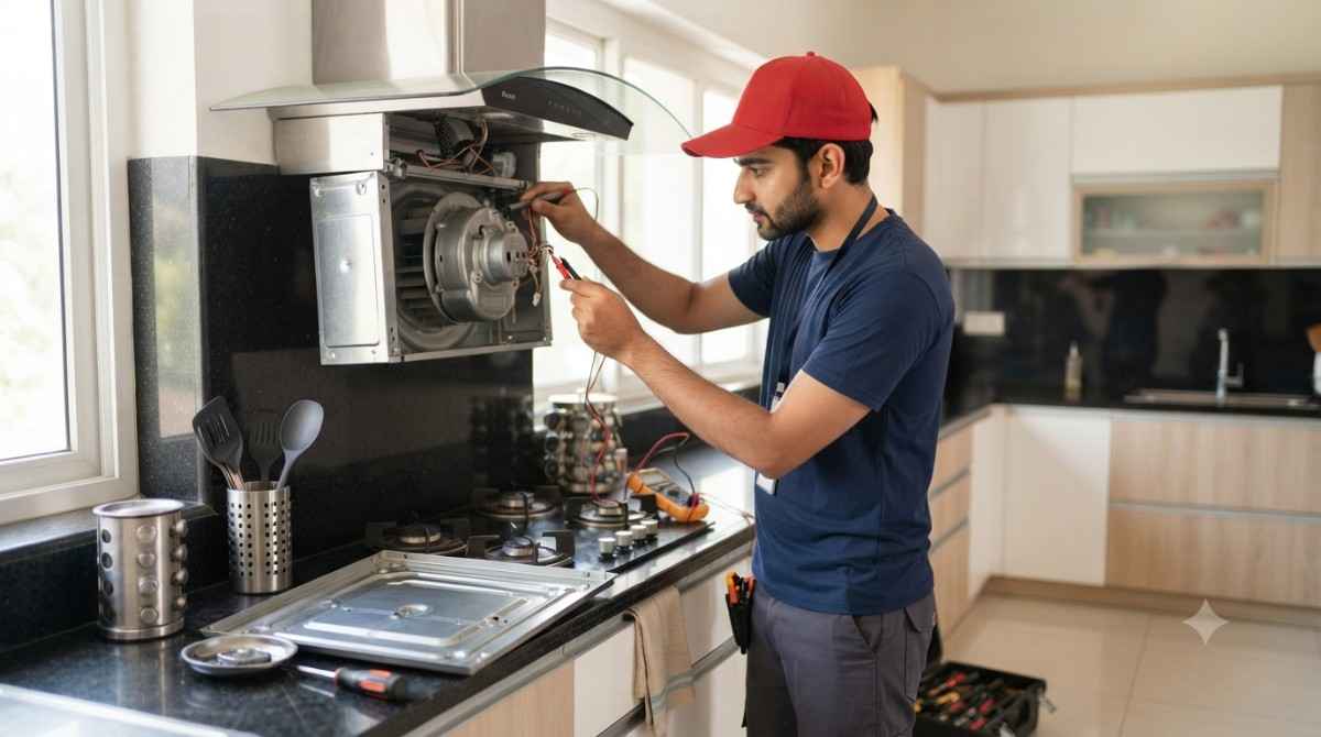 Faber chimney repair service - technician fixing suction motor