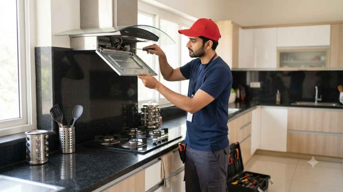 Faber Service Centre technician repairing a Faber appliance at customer home