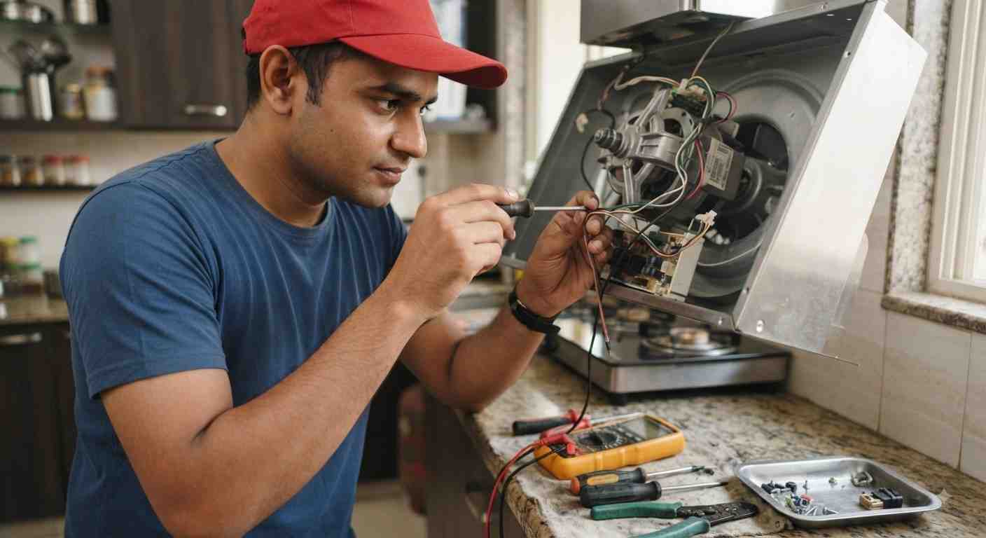 Glen chimney repair technician cleaning filters in Mumbai home