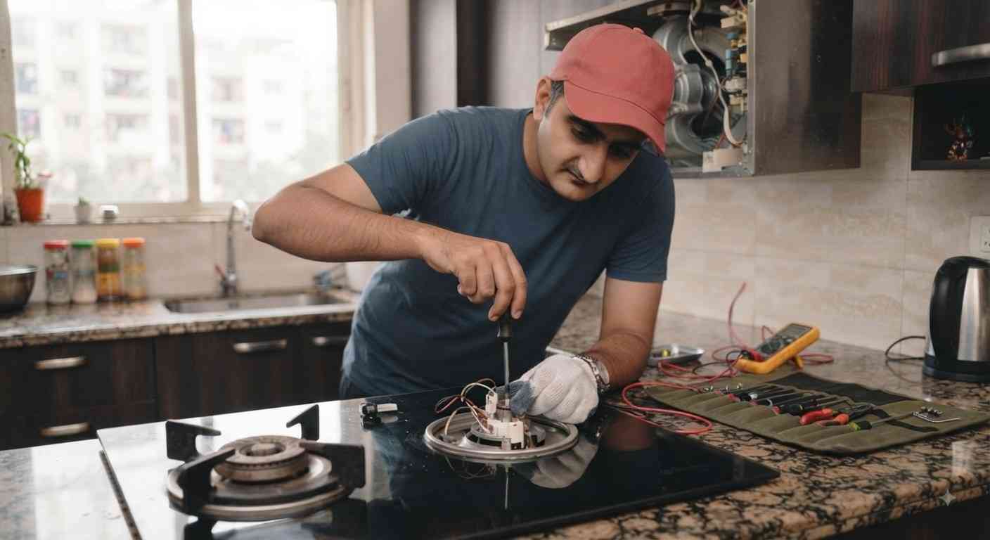 Glen hob repair technician fixing a built-in Glen hob burner in Bangalore