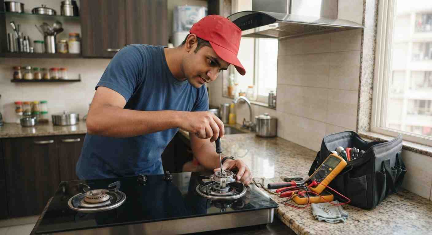 Glen hob repair technician fixing a built-in Glen hob burner in Mumbai