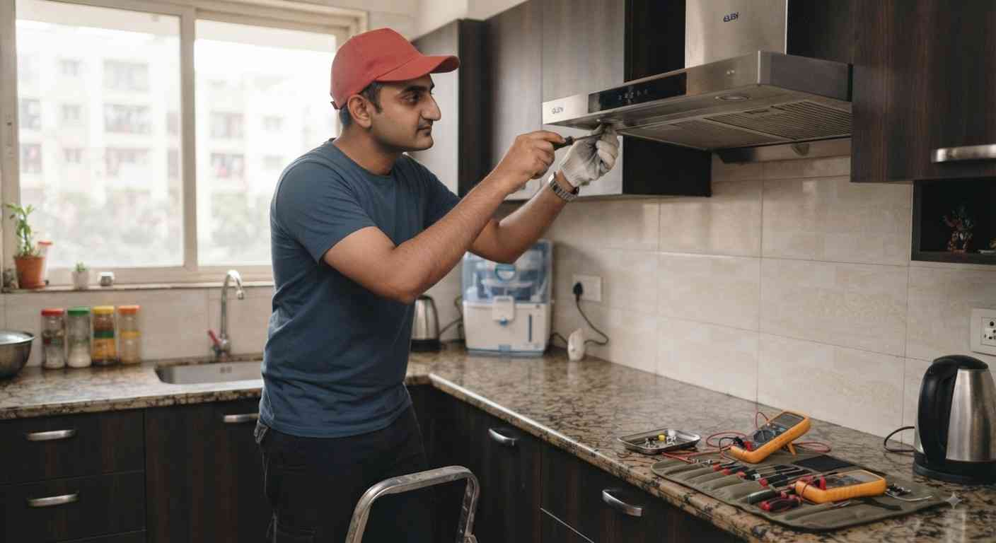 Glen Service Centre Bangalore technician repairing a Glen chimney at a customer's home