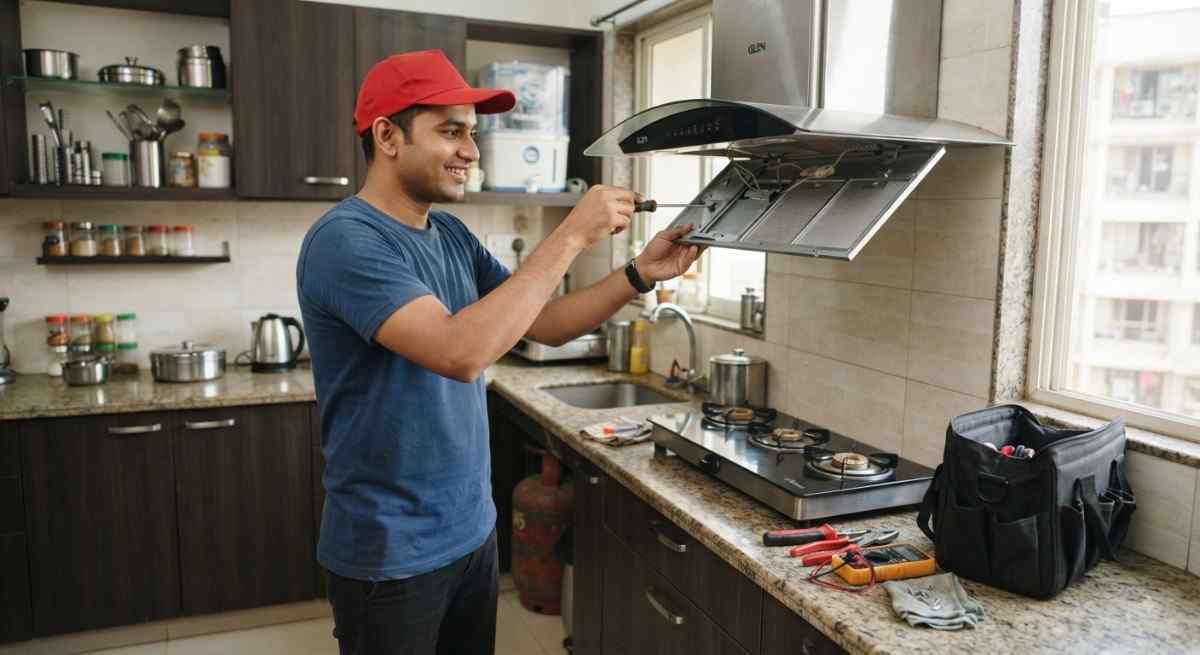 Glen Service Centre Mumbai technician repairing a Glen chimney at a customer's home