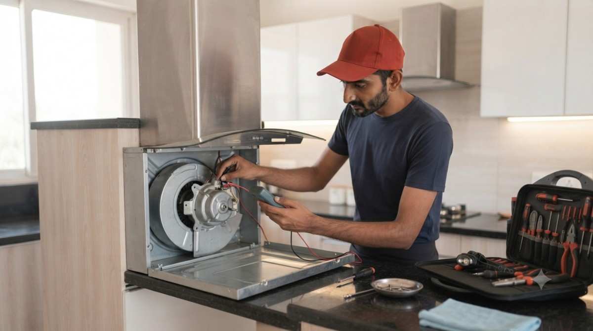 Hafele chimney repair service - technician fixing suction motor