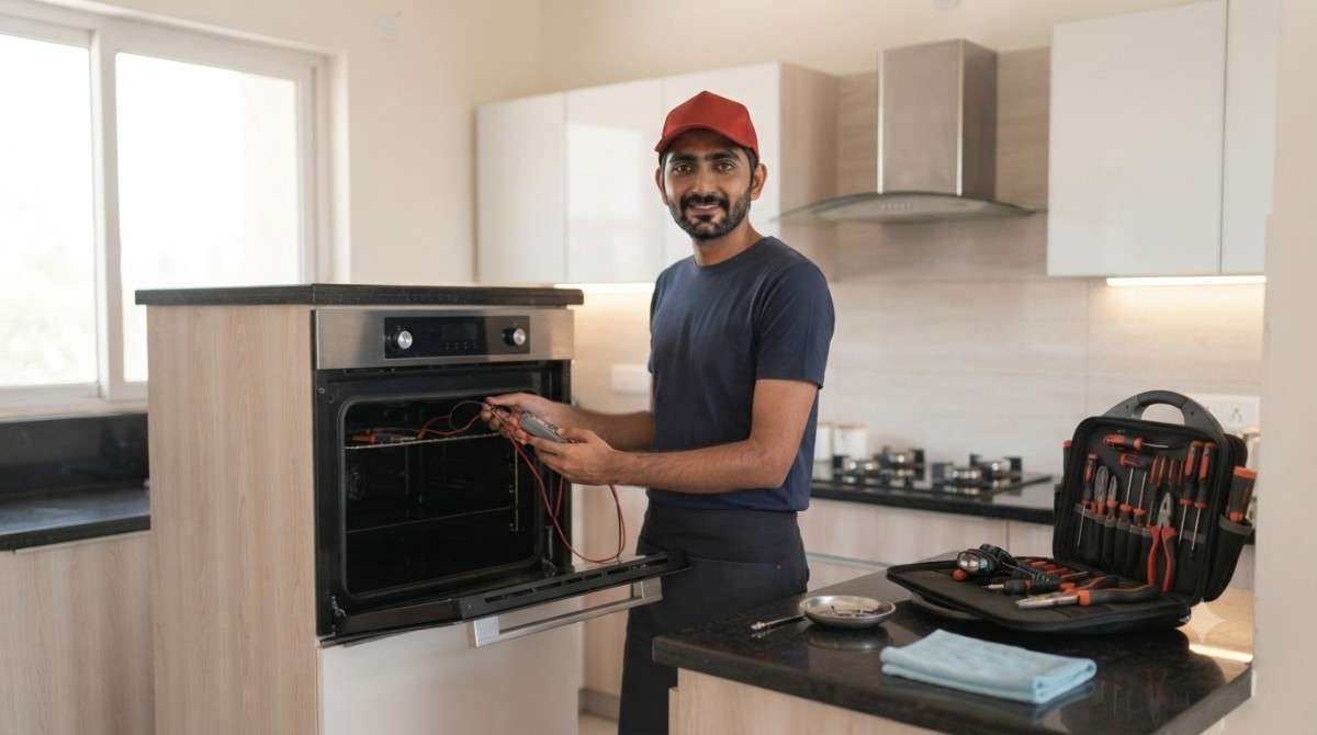 Hafele Service Centre technician repairing a Hafele kitchen appliance at customer home