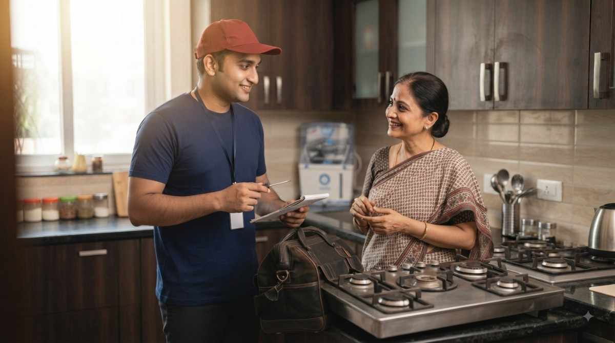 Home appliance servicing technician at customer's kitchen