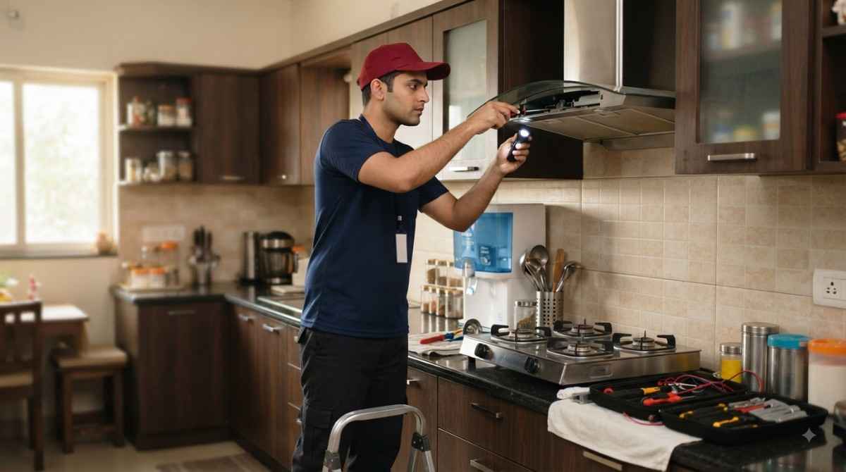 Hindware Service Centre technician repairing a chimney at a customer's home