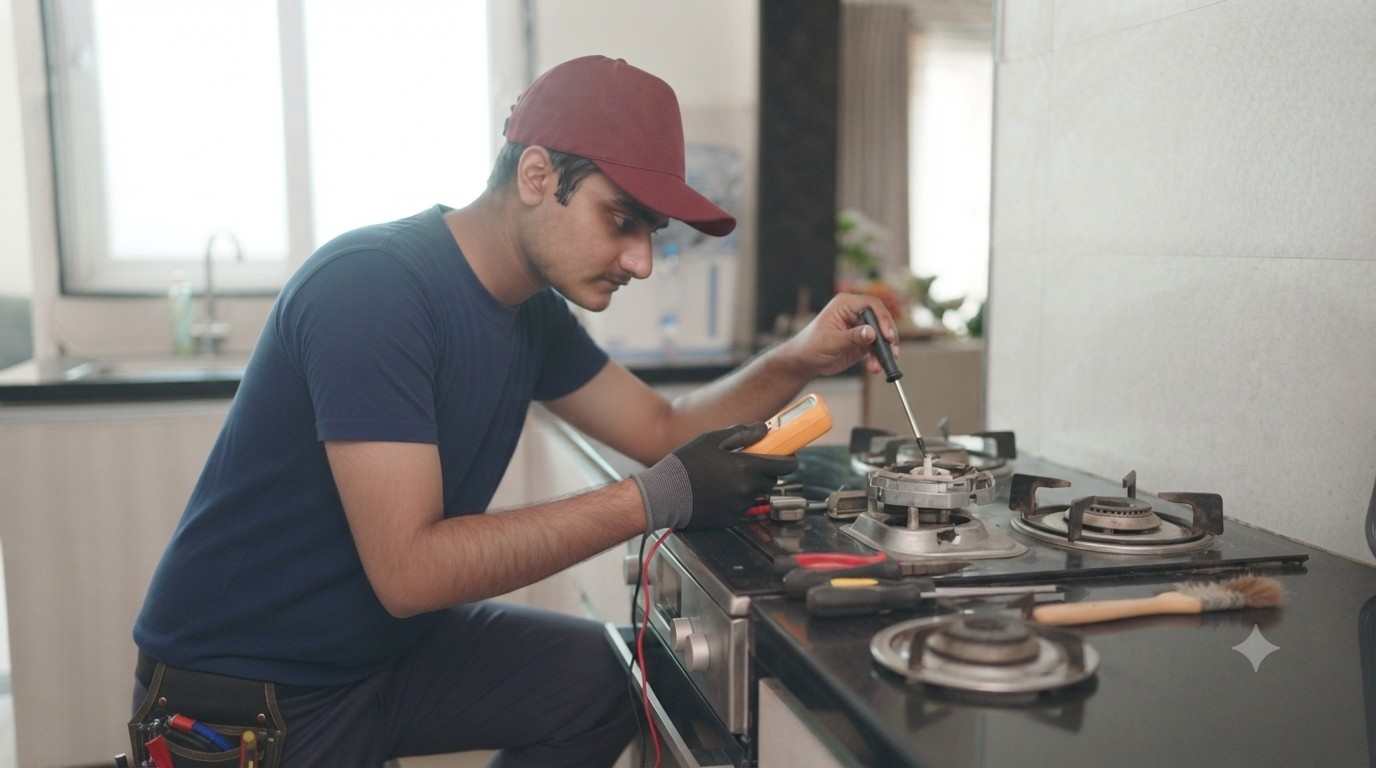Hob and gas stove repair Haryana technician servicing a built-in hob