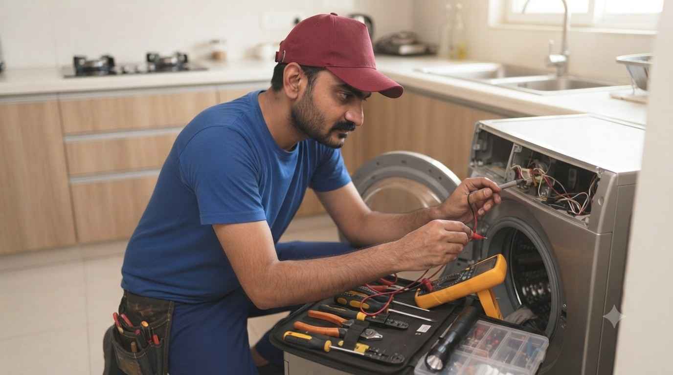 Home appliance repair technician diagnosing a fault in Bangalore