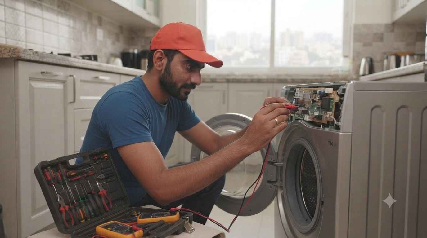 Home appliance repair technician diagnosing a fault in Hyderabad