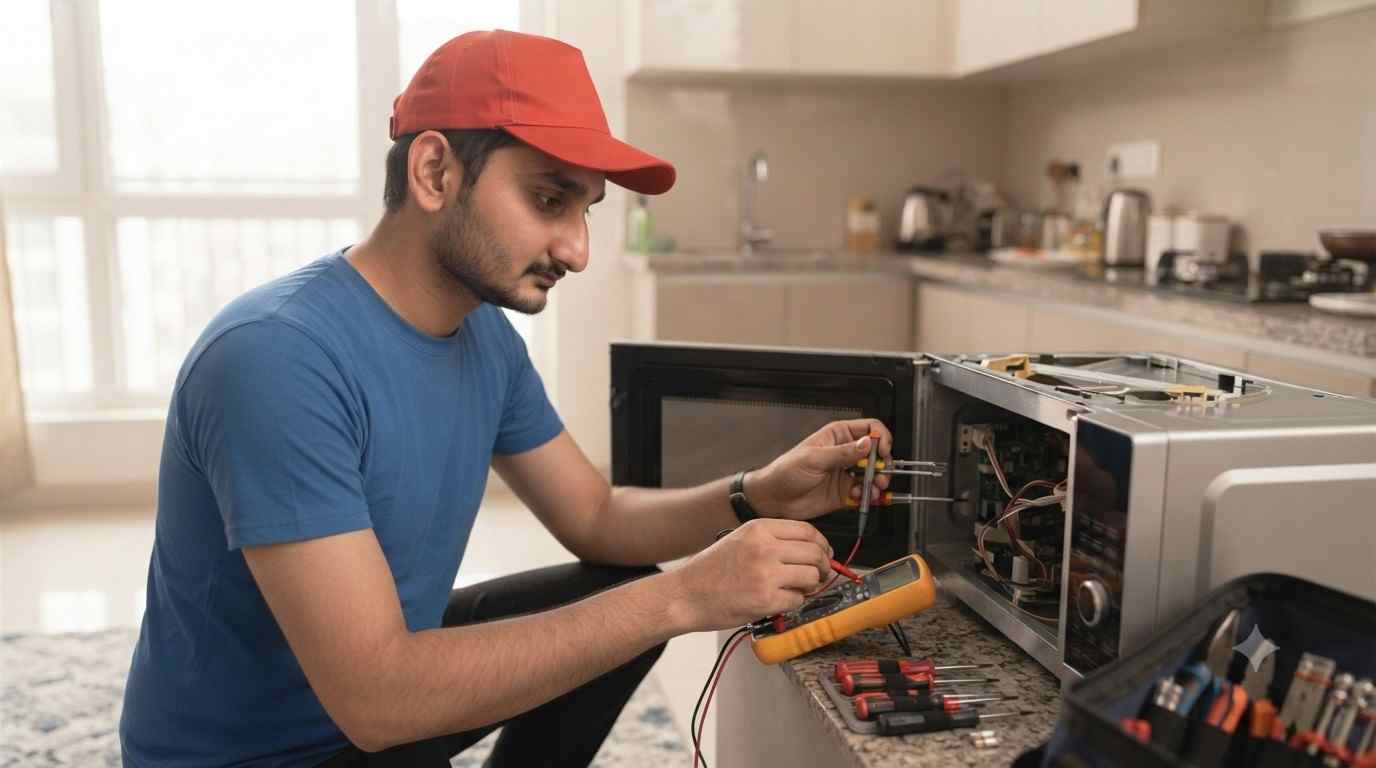 Home appliance repair technician diagnosing a fault in Lucknow