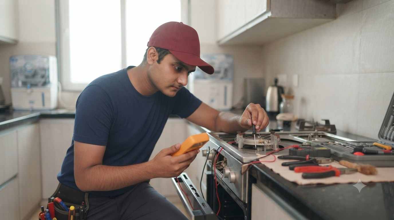 Home appliance repair technician diagnosing a fault in Navi Mumbai