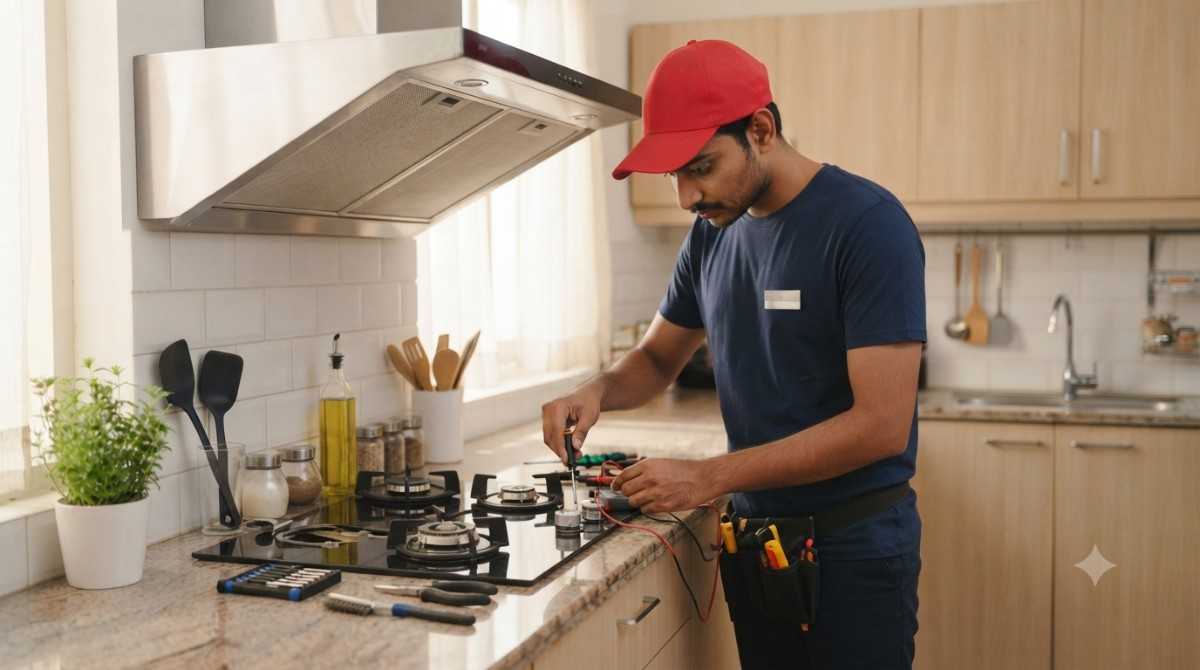KAFF hob repair service technician fixing a built-in hob