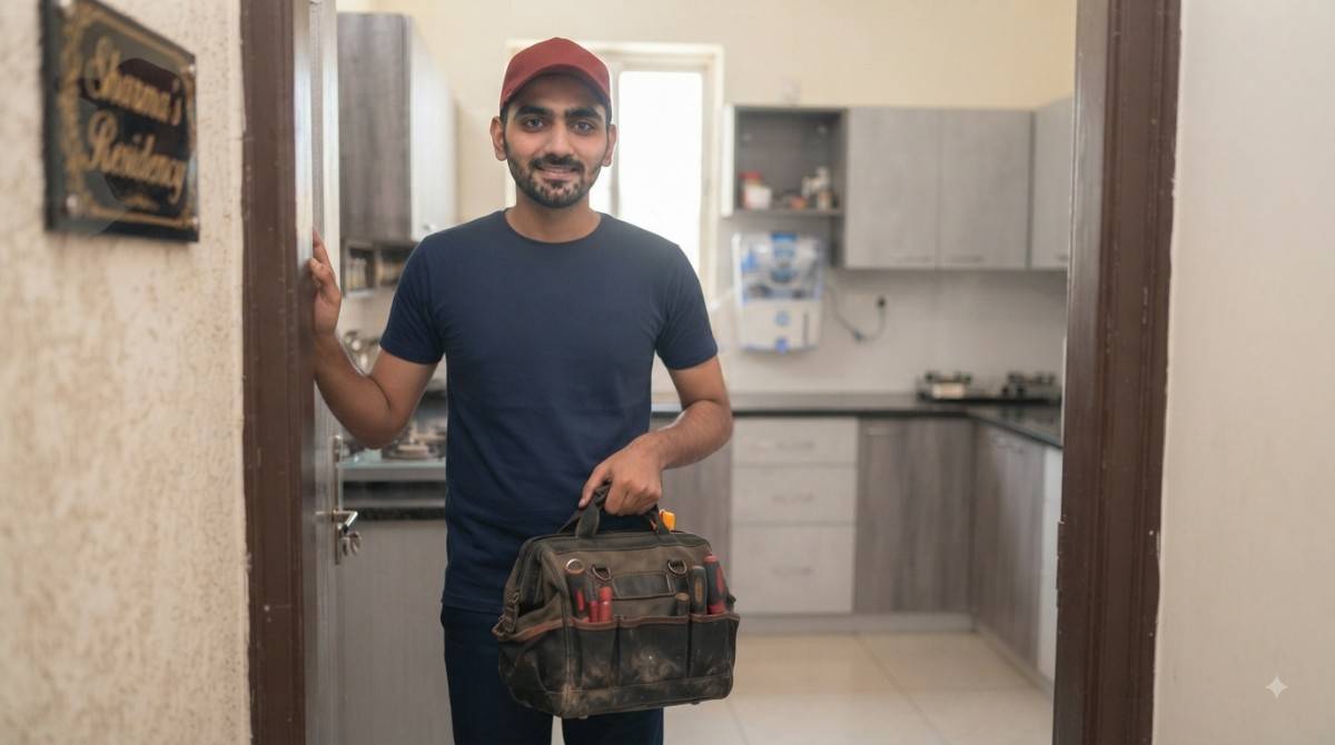 Doorstep appliance repair technician visiting a customer's kitchen