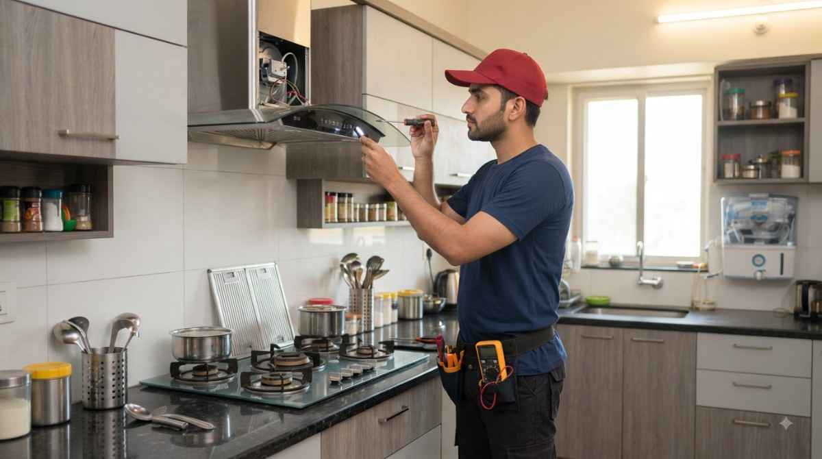 Kutchina Service Centre technician repairing a chimney and hob at a customer's home