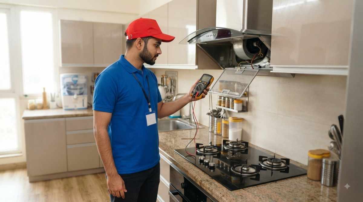 Siemens Service Centre technician repairing a chimney and hob at a customer's home