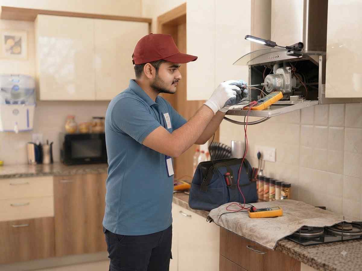 Sleek chimney repair technician cleaning and fixing a kitchen chimney