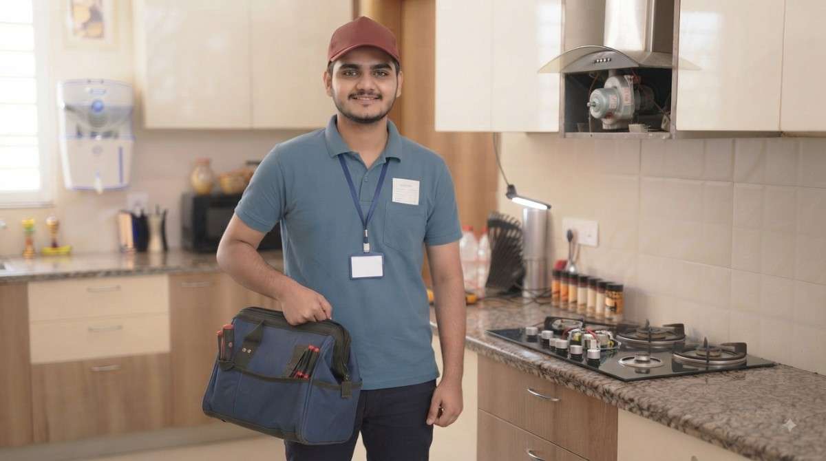 Sleek doorstep service technician explaining repair to customer at home