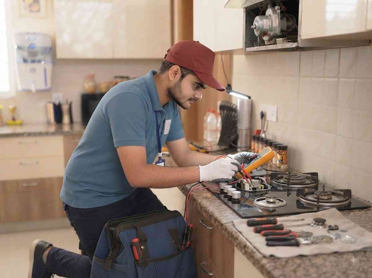 Sleek hob repair technician servicing a built-in glass hob