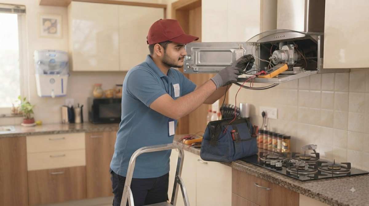 Sleek service centre technician repairing a Sleek kitchen appliance at a customer's home