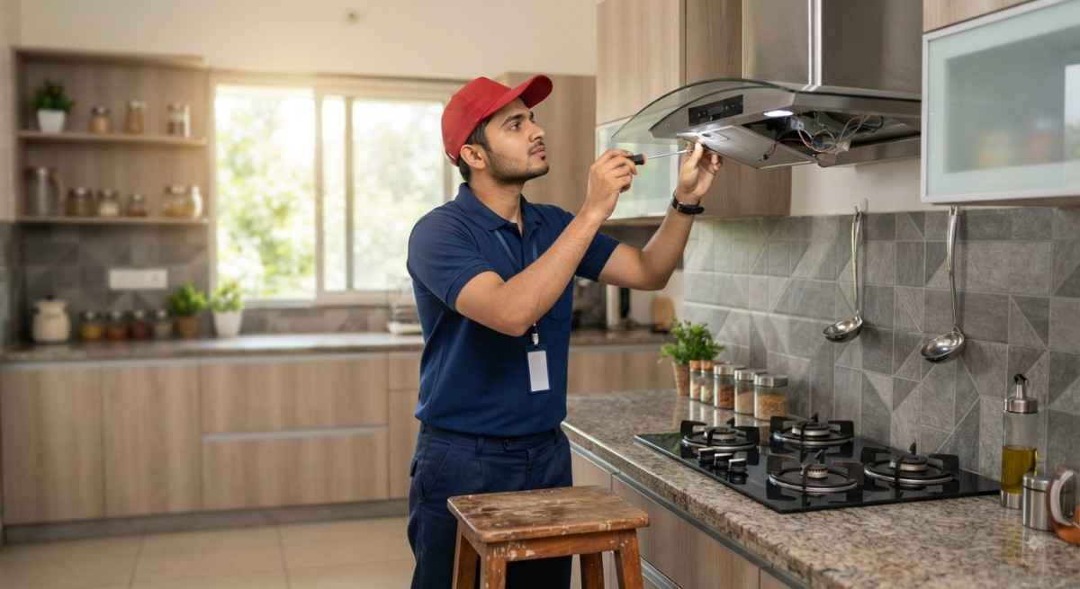 Sunflame Service Centre technician repairing a chimney and kitchen appliance at a customer's home