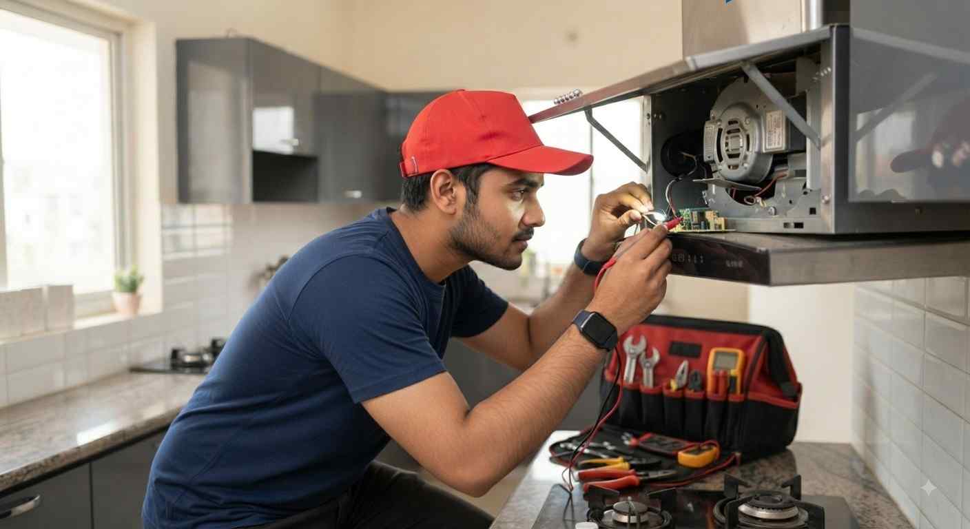 Glen chimney repair Hyderabad technician cleaning and fixing a kitchen chimney