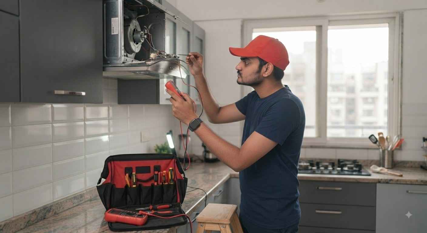Glen chimney repair Navi Mumbai technician cleaning and fixing a kitchen chimney