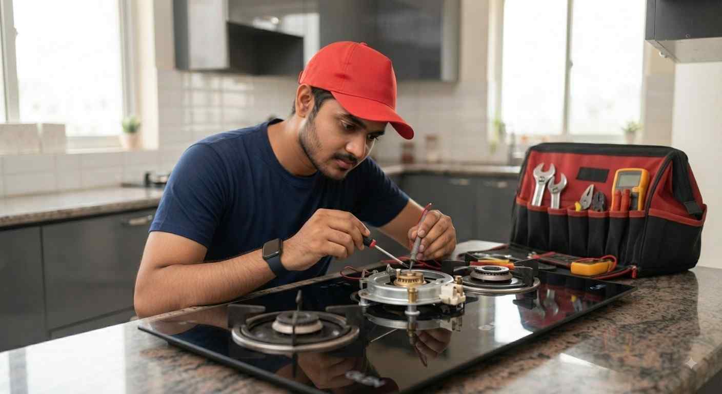 Glen hob repair Hyderabad technician servicing a built-in glass hob