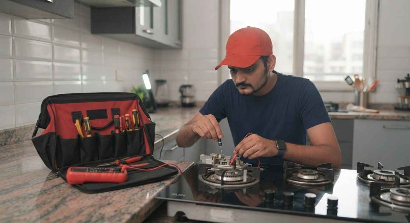 Glen hob repair Navi Mumbai technician servicing a built-in glass hob